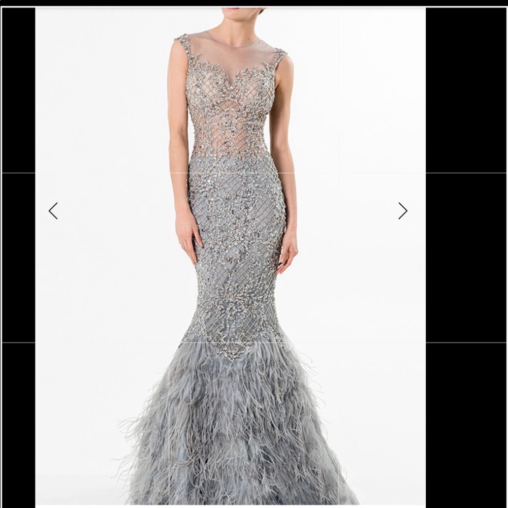 Long Silver feathered mermaid style prom d…